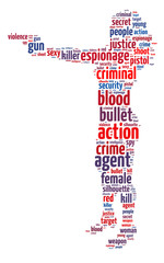 Words illustration of a woman or female special agent holding a gun over a white background