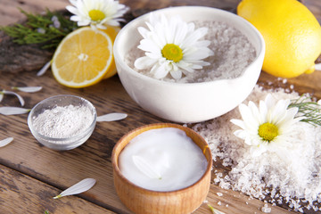 Natural ingredients for homemade cosmetics on wooden table, closeup