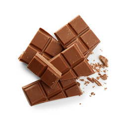 Broken chocolate bar on white background