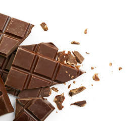 Broken chocolate bar on white background