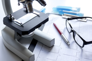 doctors desk with microscope and test tubes