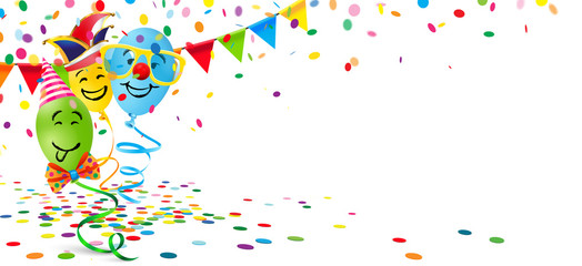 Fröhliche bunte Luftballon Gesichter mit Fasching Verkleidung und Konfetti Kulisse