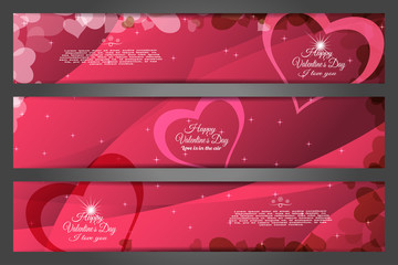 Vector set of wide greeting bookmarks for Valentine's Day on the abstract dark red background with heart silhouettes, waves and text.