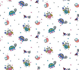 Cute animal vector pattern Owl Turtle Squirell Bird Heart