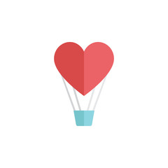 Hot air balloon icon in the shape of heart in flat style isolated on white background.