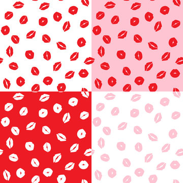 Kisses Covered Valentine's Day Patterns with Red, White and Pink Lipstick Marks. Modern Romantic Backgrounds. Four Seamless Tiles of Different Color Combinations. Vector Pattern Swatches Included.