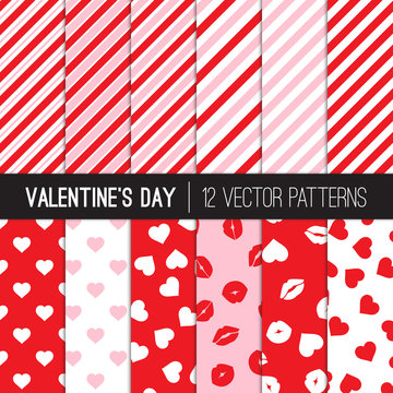 Valentine's Day Patterns with Red, White and Pink Stripes, Hearts, Lips and Kisses. Lipstick Marks. Modern Romantic Background Textures. Variable Width Striped Patterns. Vector Tile Swatches Included