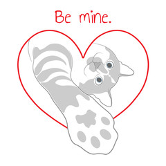 Cat in red heart. Valentine card.