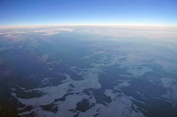Aerial view of the Bering Strait on the western edge of Alaska near Nome facing Russia