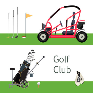 Golf Equipment Set. Sport Game. Flat Design Style . Vector