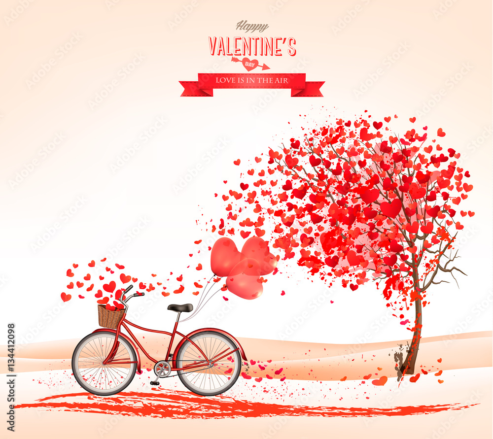 Poster valentine's day background with a heart shaped tree and a bicycl
