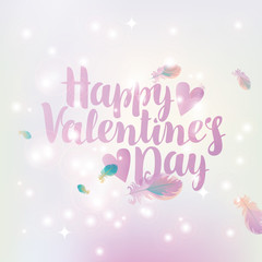 vector greeting card with inscription happy valentines day with hearts on the background of feathers and stars