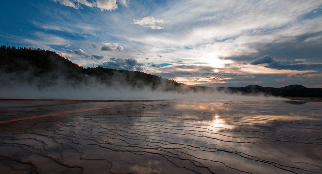 Grand Prismatic Spring at sunset in the Midway Geyser Basin in Yellowstone National Park in Wyoming U S