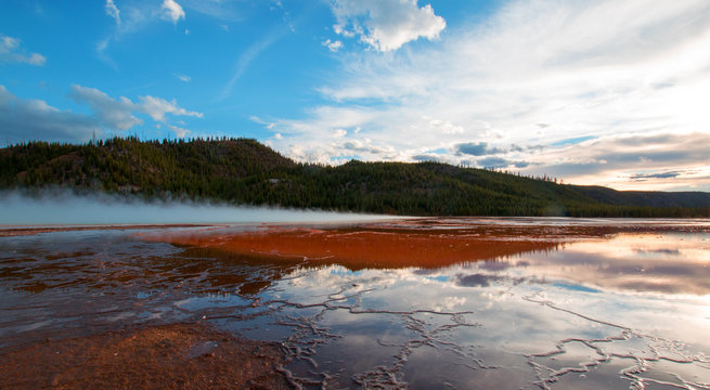 Grand Prismatic Spring at sunset in the Midway Geyser Basin in Yellowstone National Park in Wyoming US of A