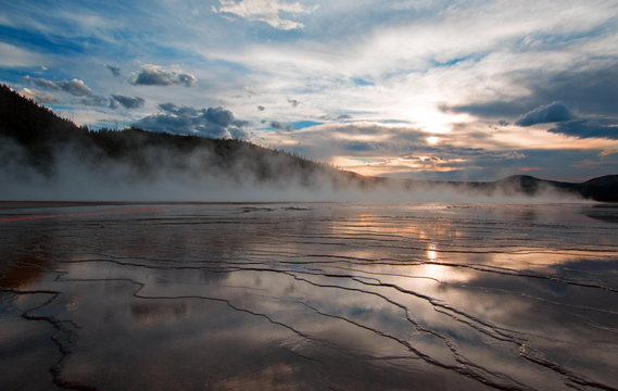 Grand Prismatic Spring at sunset in the Midway Geyser Basin in Yellowstone National Park in Wyoming U S of A
