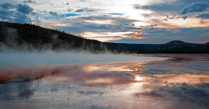 Grand Prismatic Spring at sunset in the Midway Geyser Basin in Yellowstone National Park in Wyoming United States