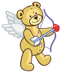 Cute teddy bear with wings, bow and arrow looks like a cupid.