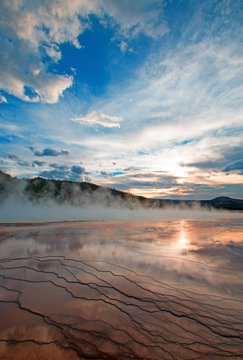 Grand Prismatic Spring at sunset in the Midway Geyser Basin in Yellowstone National Park in Wyoming USA