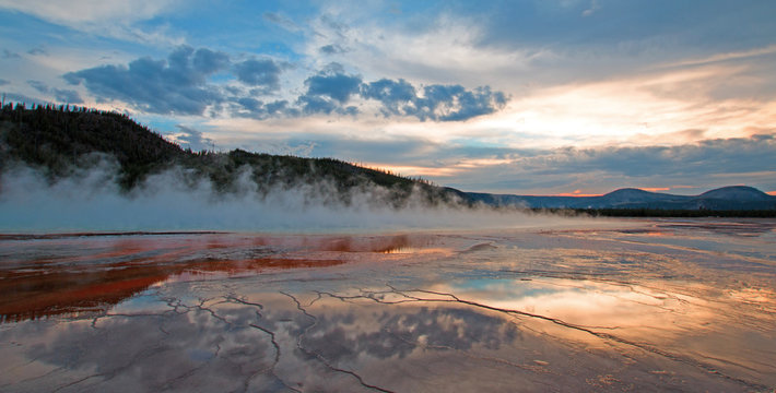 Grand Prismatic Spring at sunset in Yellowstone National Park in Wyoming U S A