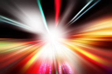 Abstract motion blurred image of car driving fast at night.