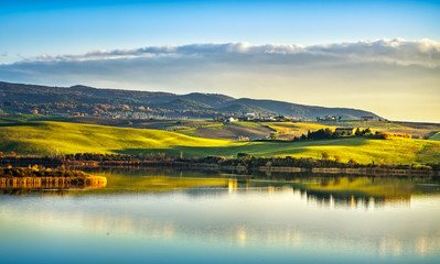 Fototapeta premium Tuscany, Santa Luce lake panorama on sunset, Pisa, Italy