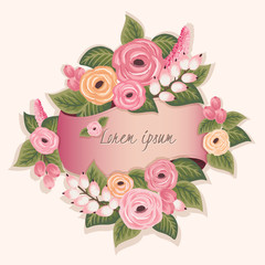 Vector illustration of a beautiful floral frame with a ribbon. Beige background