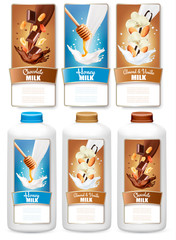 Set of three labels of chocolate and vanilla milk splashes and b