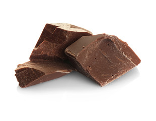 Pieces of tasty chocolate isolated on white