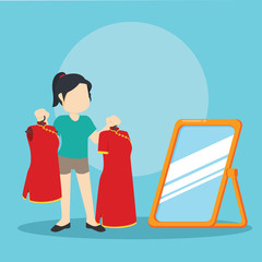chinese girl choosing clothes for lunar new year