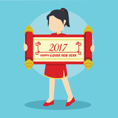 chinese girl holding giant happy lunar new year 2017 scroll
