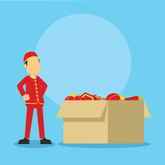 chinese man and big box full of chinese stuff