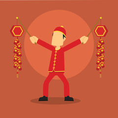 chinese man happy holding two firecrackers