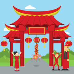 chinese man playing firecracker with his kids