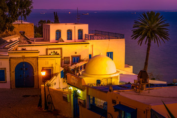 Sidi Bou Said, famouse village with traditional tunisian architecture. Shot an sunset.