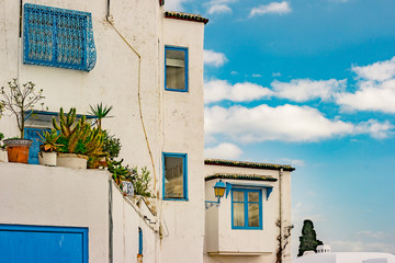 Sidi Bou Said, famouse village with traditional tunisian architecture. White walls with flower pots...
