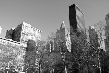 Buildings and streets in black and white, Manhattan New York.