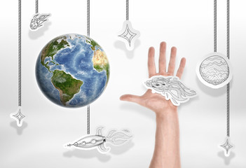 The Earth on background of small pictures with stars and male hand