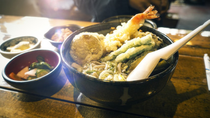 Soba noodles with tempura shrimp