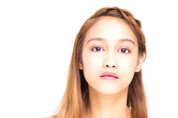 Fototapeta premium Portrait of beauty girl on blue background, half latina and half asian