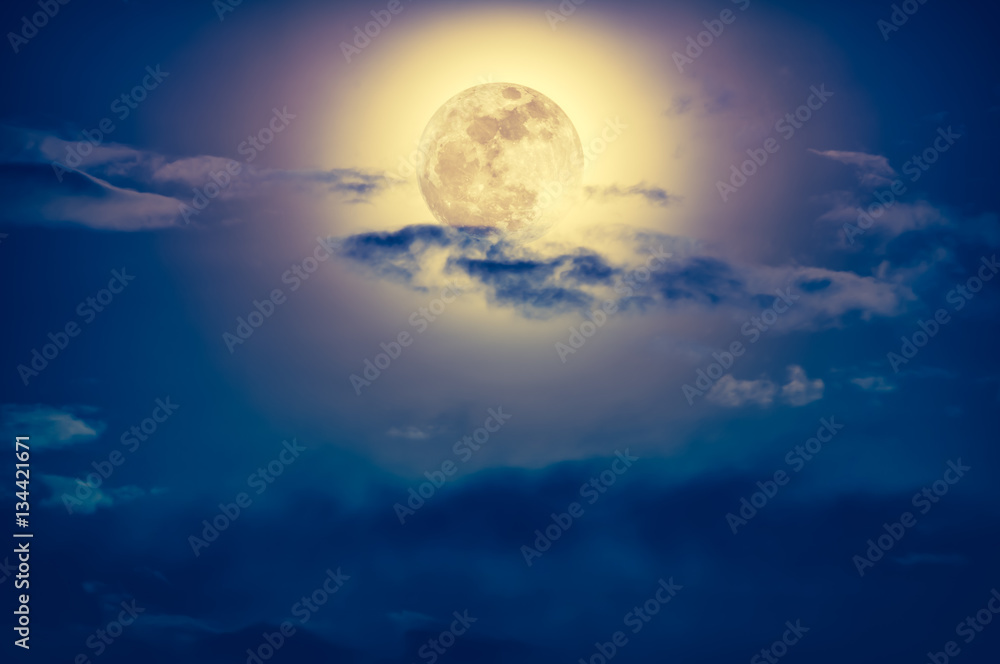 Wall mural nighttime sky with clouds and bright full moon with shiny.