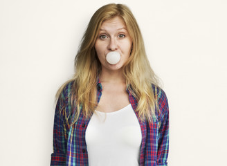 Young Girl Chewing Bubble Gum Concept
