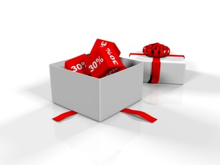 gift box, cubes with the image of percent on a white background, 3d renderer,