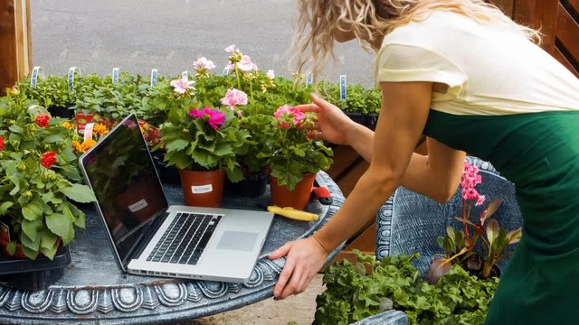 Female florist using laptop at flower shop 4k