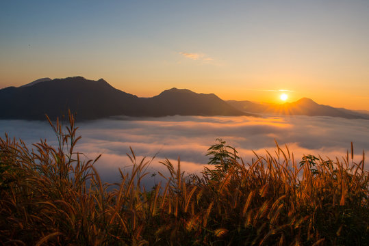 Fototapeta beautiful sunrise with mist in the morning at Phutok