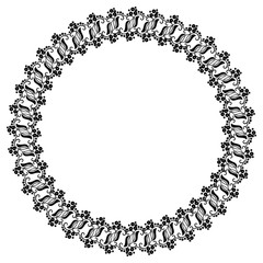 Round black and white frame with abstract decorative flowers. Copy space.
