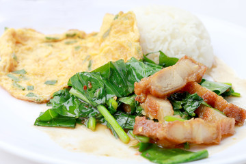 Stir fried kale with crispy pork and Thai Omelette with rice in white dish iIsolated on white background, Thai Food