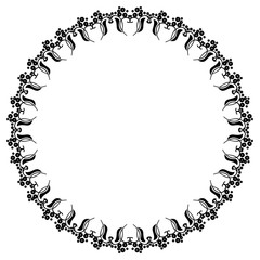 Round black and white frame with abstract decorative flowers. Copy space.