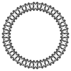 Round black and white frame with abstract decorative flowers. Copy space.