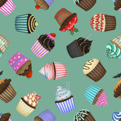 Seamless pattern with different cupcakes vector.