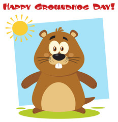 Cute Marmot Cartoon Mascot Character. Illustration Flat Design With Background And Text Happy Groundhog Day